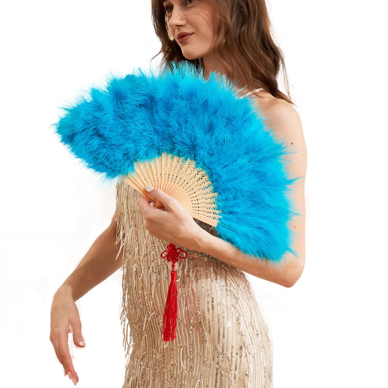 Happy Feather Handheld Marabou Feather Fan, 1920s Vintage Style Flapper Hand Fan for Costume Party and Dancing-Acid Blue - Image 1
